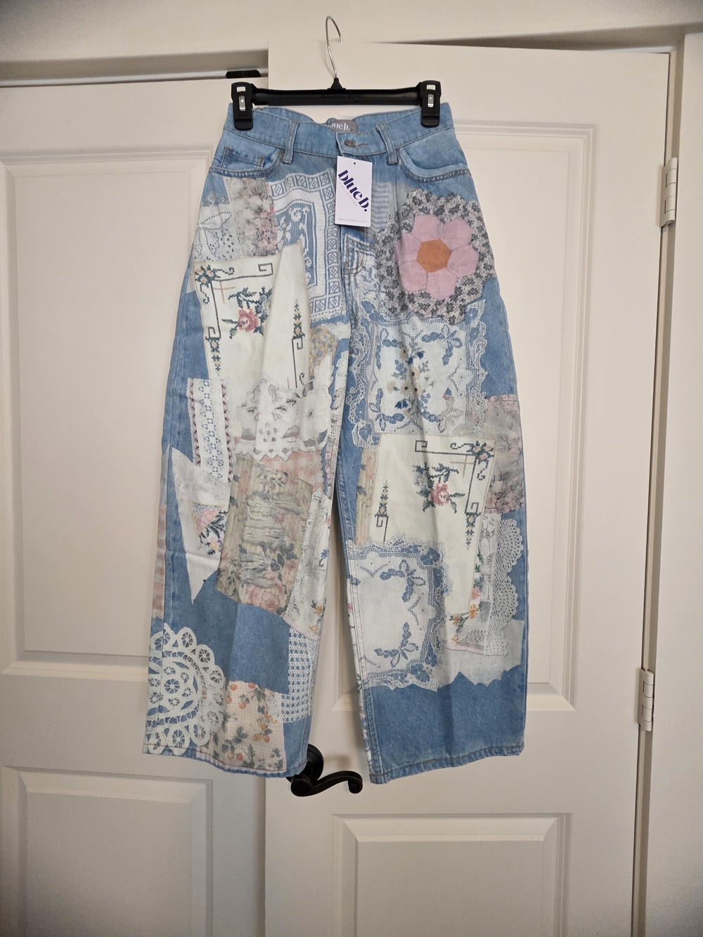Patchwork Wide-Leg Jeans in Light Blue with Floral Print